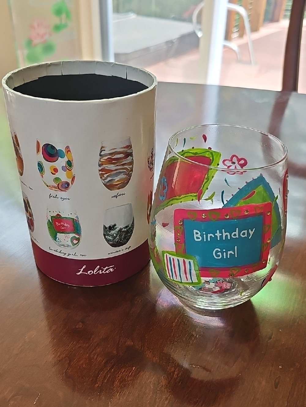 Lolita Hand-Painted 'Birthday Girl' Stemless Glass — Teal, Pink & Green